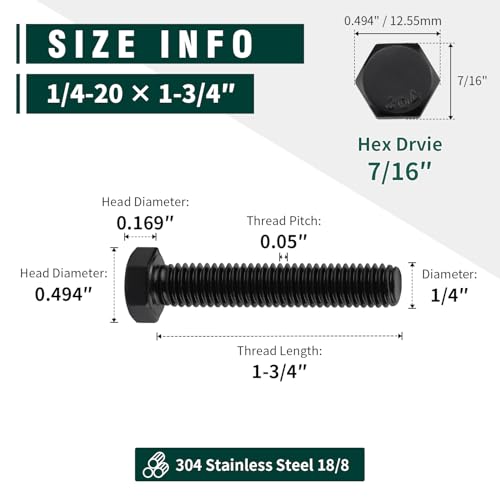 Image of 1 /4-20 x 1-3 /4 inch Hex Head Bolts Black, 304 Stainless Steel 18-8 Hexagon Head Screws Bolts, Black Oxide Finish, Allen Hex Drive, 20 PCS