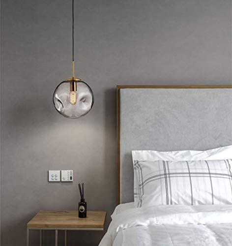 Chandelier boule de verre au fini texturé gris avec câble réglable