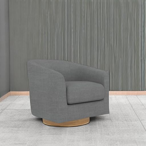 Image of Swivel Accent, Upholstered Modern Barrel-Curved Arm, Linen Fabric Comfty Sofa Solid Wood Base Reading Bedroom, Club Living Room Chair, Charcoal Grey