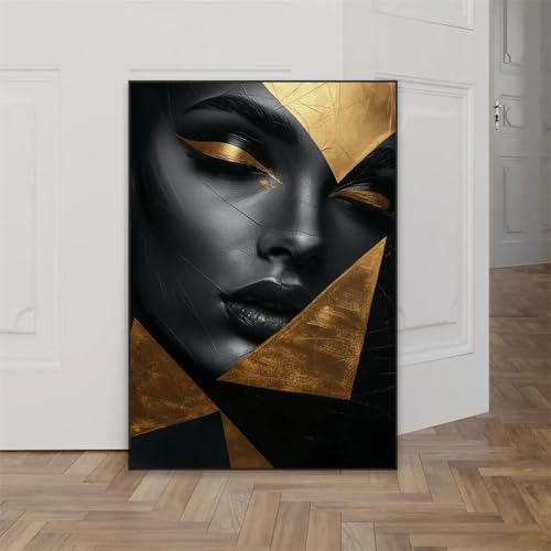 Art mural yeux et lèvres sur toile abstraite de femme noire dorée 50x70cm