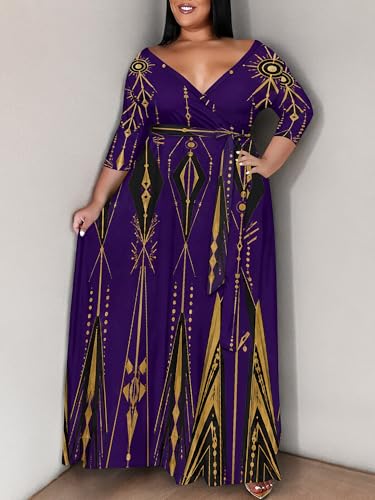 Image of PinkPatty Women's Plus Size Maxi Dress Print 3 /4 Sleeves V Neck Party Sundress Wedding Guest Dresses