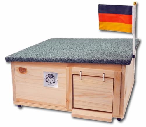 Igelhaus mit Rattenklappe – inkl. Deutschlandflagge - 12 mm Massivholz wetterfest – Igelhütte mit Schutz-Labyrinth & umlaufendem Bitumendach – isoliertes Igelhaus für Garten & Winter – katzensicher