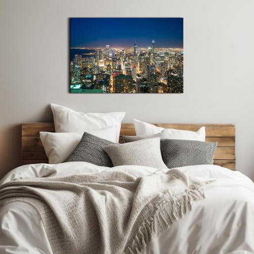 Image of AREBOLO Chicago Skyline Wall Art America Famous City Night View Paintings Canvas Prints Cityscape Buildings Wall Decor Bedroom Decorations Modern Posters Framed Large Artwork 24x36 Ready to Hang