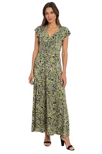 London Times Women's Flutter Sleeve V-Neck Empire Waist Maxi Dress-Full Length A-line Silhouette with Smocked Bodice Detail