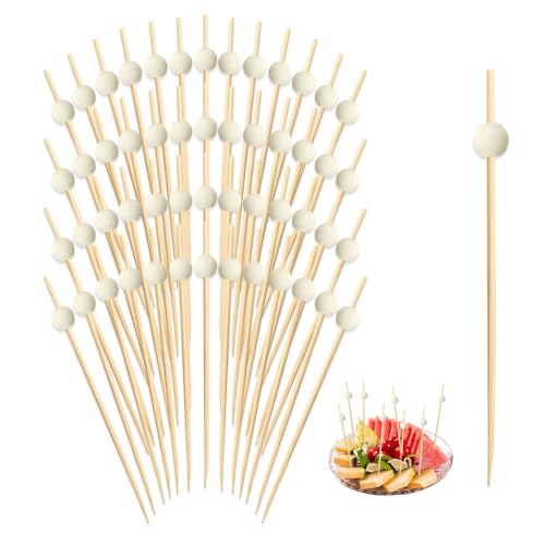 Hmcey 100 Piezas Palillos De Cóctel 12 Cm,Brochetas De Bambú Con Cuentas De Madera,Palillos Decoracion De Frutas,Palitos Para Pinchos Aperitivos Para Cumpleaños, Fiesta, Pasteles - Color Madera