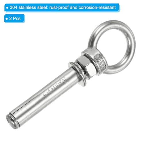 Image of PATIKIL Expansion Eye Bolt M10x80mm, 2 Pack 304 Stainless Steel Shoulder Anchors Eyebolt Screw with Eye Ring for Concrete Brick Walls Canopy Engineering Rigging Silver