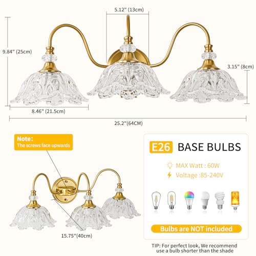 Image of Gold Bathroom Vanity Light, 3-Light Brushed Gold Finish Vanity Light with Floral Clear Glass Shades, Retro Wall Mount Lighting for Bathroom, Dressing Table