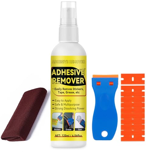 Sticker and Adhesive Remover Spray 120ml with Scraper Label and Tape Residue Cleaner for Car Glass Plastic Wood Multi Surface Goo and Grease Remover (ml)