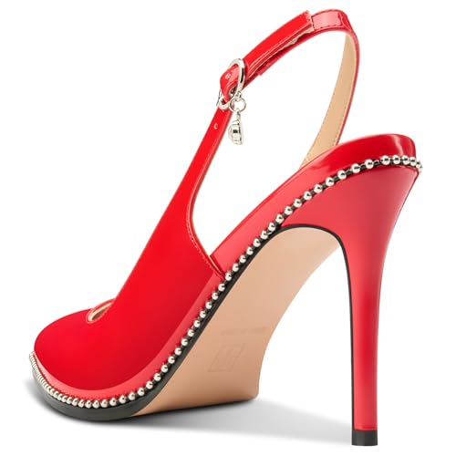Image of NobleOnly Slingback Beaded Pumps for Women High Stiletto Heel Pointed Toe Slip-on Dress Sandals Adjustable Buckle Rhinestone Patent Leather 3.9 Inches Heels