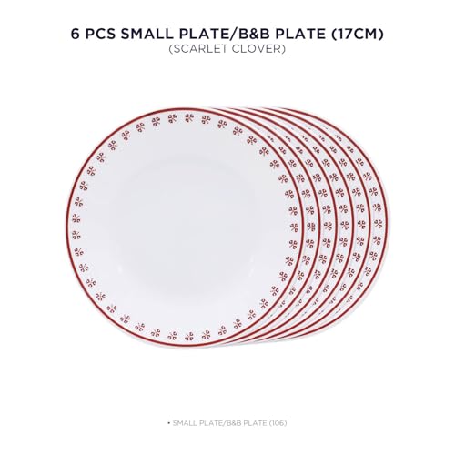 Image of CORELLE Scarlet Clover 17 CM /6 Inch Small Rounded Plate Snack for Dining 6 Pcs| Vitrelle Triple Layer Glass| Lightweight Non-Porous Surface Plate| 1-Year Warranty on Chip, Break & Scratch