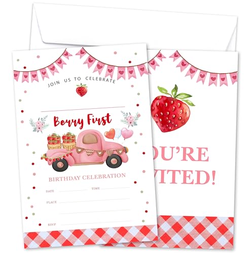 Dskly 1th Birthday Invitations For Girls, Berry First Birthday Party Invitations For Kids, Sweet Strawberry Party Invitations Cards With Envelopes, One Year Old Birthday Party Decorations -10