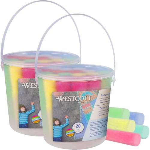 Westcott Straßenmalkreide (2er Set) | 20 Stück bunte Straßenkreide für Kinder im praktischen Transporteimer | leicht abwaschbar | geeignet für Asphalt Tafel oder Stein | E-744981 00