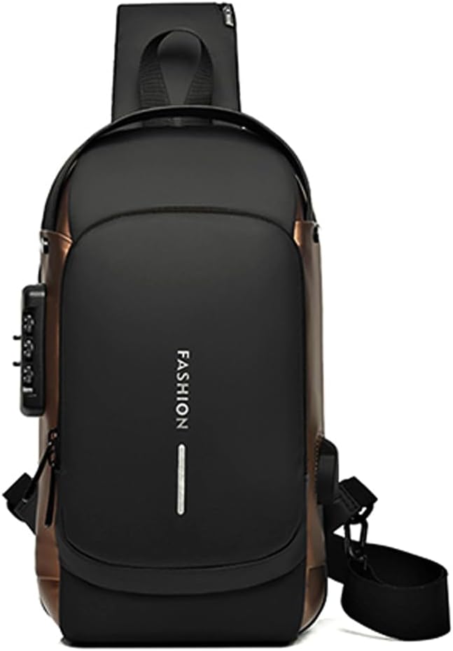 GLOOMALL Men's Crossbody Bag Fashion Chest Bags Anti Theft Sling Bag Medium Capacity PU Leather Shoulder Bag with USB Charging Port (Black Gold)