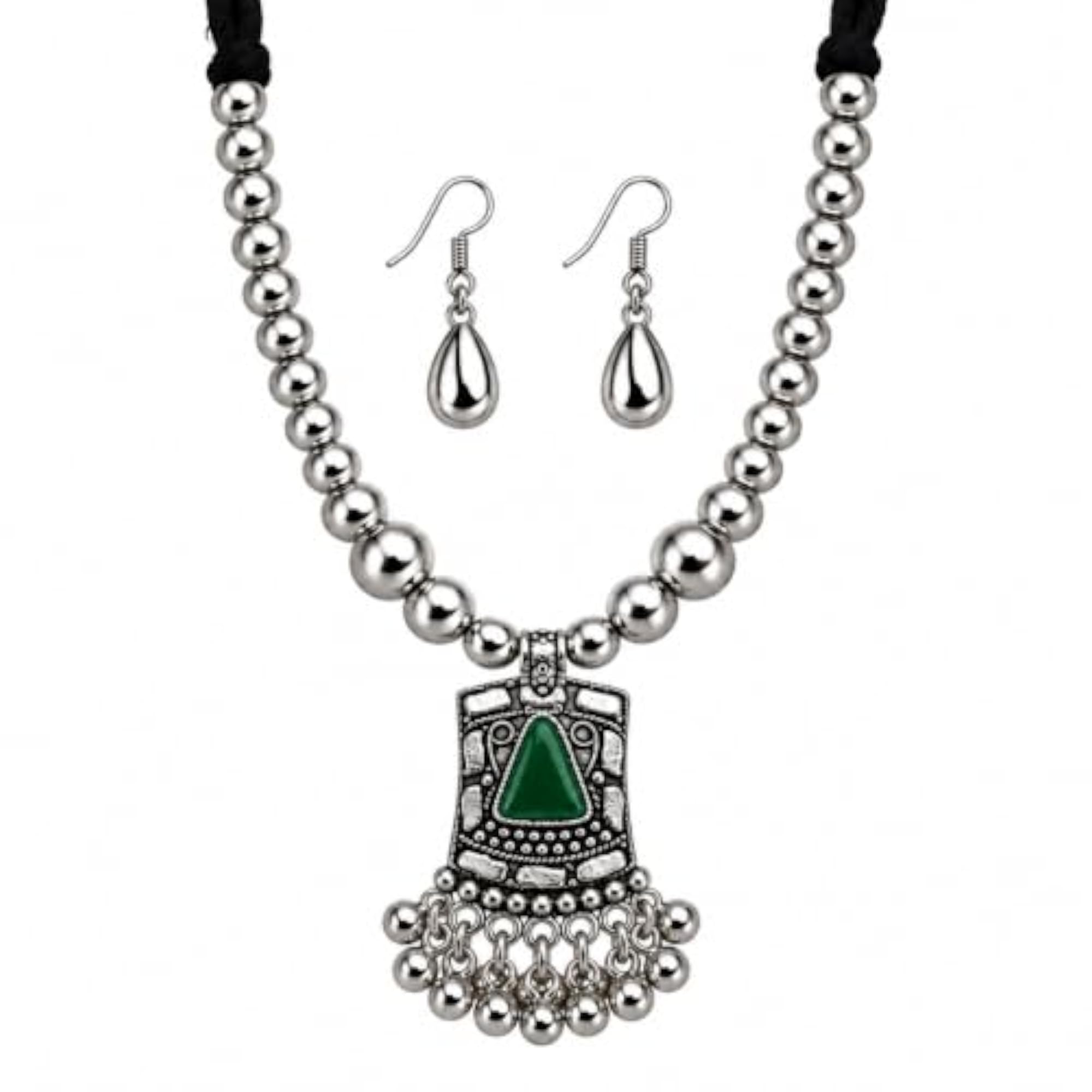 Oxidised Silver Finish Green Stone Beaded Necklace Set