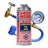FREEZEECO Kit Recarga Aire Acondicionado Coche - Gas Refrigerante R134a Sustituto 3 en 1 con Tapa Fugas y Aceite 235g - Incluye Manguera con manómetro de Baja Presión - Vehículos 1995-2016