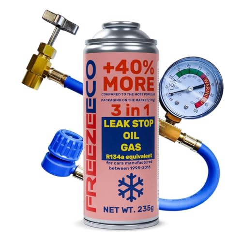 FREEZEECO Kit Recarga Aire Acondicionado Coche - Gas Refrigerante R134a Sustituto 3 en 1 con Tapa Fugas y Aceite 235g - Incluye Manguera con manómetro de Baja Presión - Vehículos 1995-2016