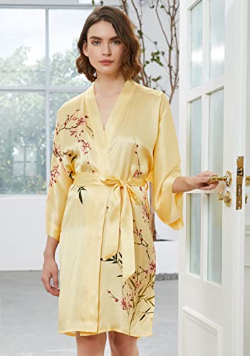 Ledamon Women's 100% Silk Kimono Short Robe (Light Yellow-A) #TOP1