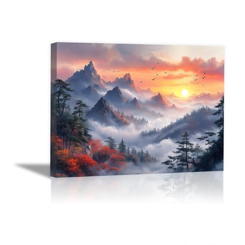 Tableau sur toile automne paysage montagne coucher soleil déco murale 60x80