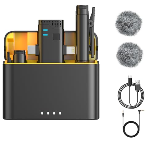 2 in 1 Professional Wireless Lavalier Microphone for iPhone iPad Android with Charging Case Noise Cancellation Plug-Play Clip on Lapel Mic for YouTube, Recording, Facebook Live Streaming