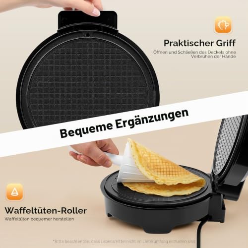 Foto von Waffeleisen 1200W für Eiswaffeln Hörnchen & Waffelpommes, Einstellbarer Thermostat, Antihaft-Beschichtung, Edelstahl Hörnchenautomat mit Kegelformer