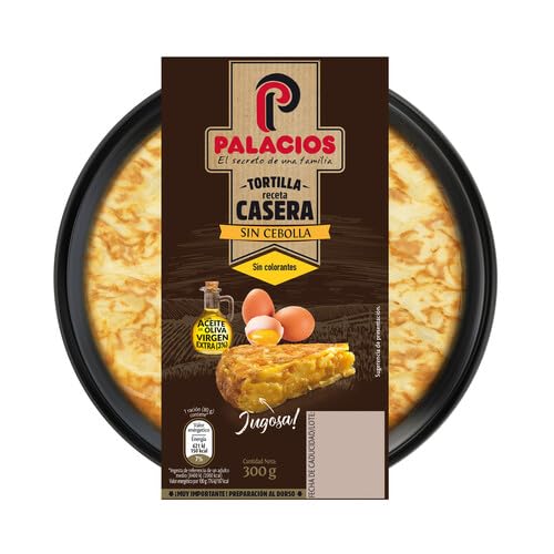 Tortillas PALACIOS, La Tortilla Española con Cebolla y Sin Cebolla, Chorizo, Espinacas,Calabacin y los Pinchos de Tortilla ( Refrigerado) (3 Tortilla fresca casera, Sin Cebolla y con AOVE, 300 Gr.)