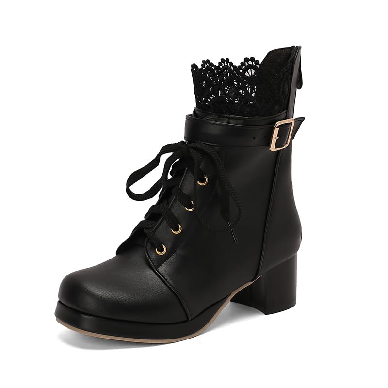 Elbslutt Women Goth Platform Boots Kawaii Lolita Chunky Heel Ankle Boots Bow Lace Up Ankle Boots Cute Sweet
