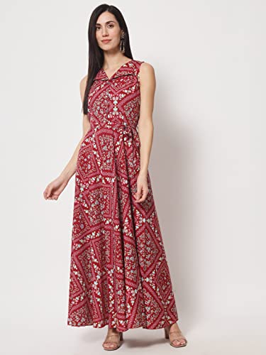 Image of Rudraaksha Women's Printed Maxi Dress Sleeveless Fit & Flare Long Dress || Western Dress for Women || Stylish Maxi Dress Dress || Summer Dress || Boho Printed Dress for Women