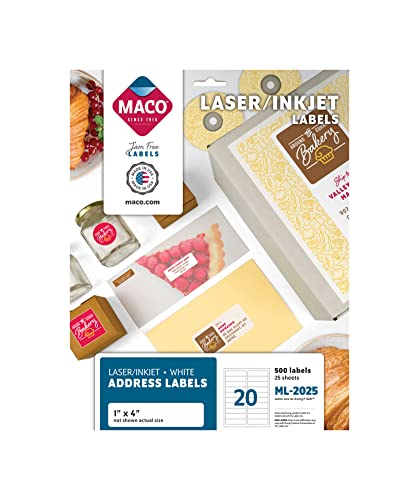 Maco Laser/Ink Jet White Address Labels, 1" X 4", 20 Per Sheet, 500 Per Pack (Ml-2025) #TOP11