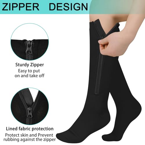 Image of Athbavib 2 Pairs Zipper Compression Socks, 15-20 mmHg Closed Toe Compression Stocking with Zipper for Women and Men