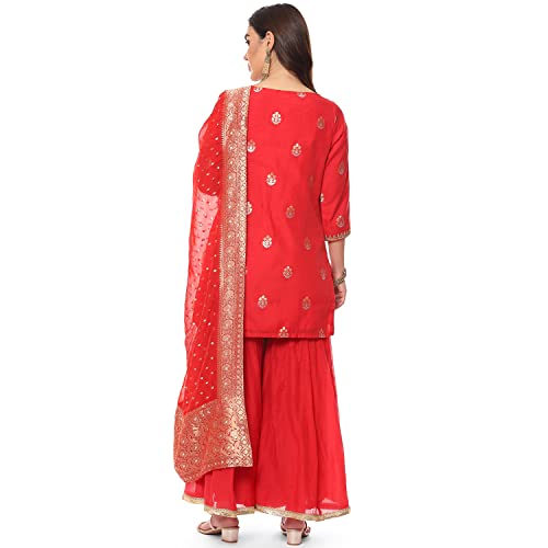 Image of BIBA Women Poly Cotton Straight Embroidered Suit Set