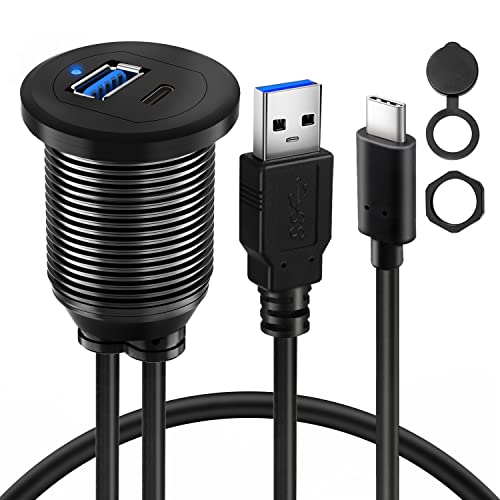BATIGE Alloy Dual Port USB 3.0 Car Dashboard Flush Mount Cable, Male to Female with LED Indicator Extension Cable for Car Truck Boat Motorcycle Dashboard Panel - 3ft