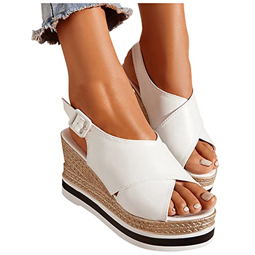 Aniywn Women s Slingback Peep Toe Platform Sandals Slip On High Heel Wedge Sandals Summer Slide Sandals for Women White, 7.5