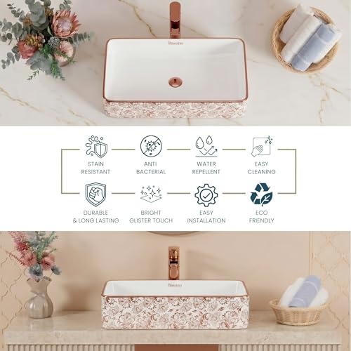 Image of BASSINO 24x14x5 Inches Ceramic Table Top Wash Basin /1 Year Warranty /White & Rose Gold Basin for Bathroom /Rectangular Ceramic Countertop Washbasin for Bathroom /Dining Hall /Living Room(Glossy)