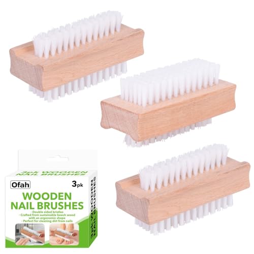 Image of 3pk Wooden Nail Brush Set | Double Sided Firm Bristles | Ergonomic Sustainable Beech Wood | Deep Clean Dirt From Nails | Manicure & Pedicure Tool For Hands & Feet