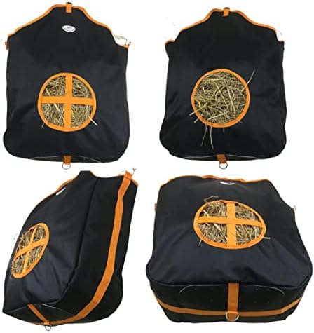 Majestic Ally Nylon Hay Feeder Tote Bag for Horse, Goat, Sheep - Double Sides Open Feed Hole with Faux Leather Ventilated Bottom- Premium Quality -Simulates Grazing - Reduces Waste (Black)
