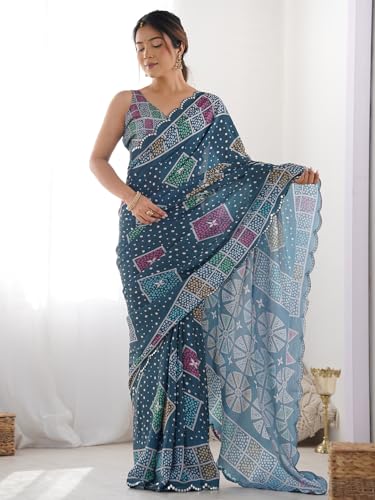 Image of Panzora Women's Chinon Printed Saree With Unstitched Blouse Piece