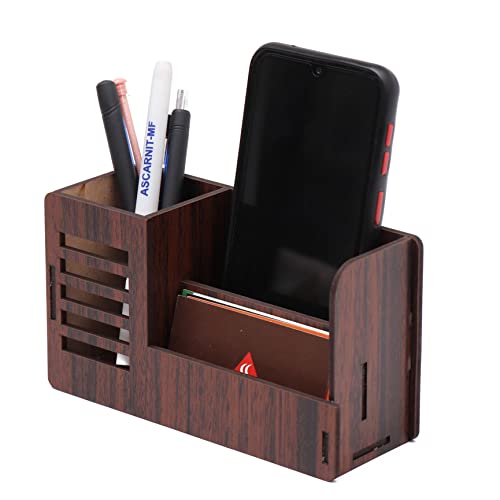 Image of Pen Stand With Visiting Card & Mobile Holder Multipurpose Wooden Automobiles Desk Organizer Pen And Pencil (Design 1), Brown