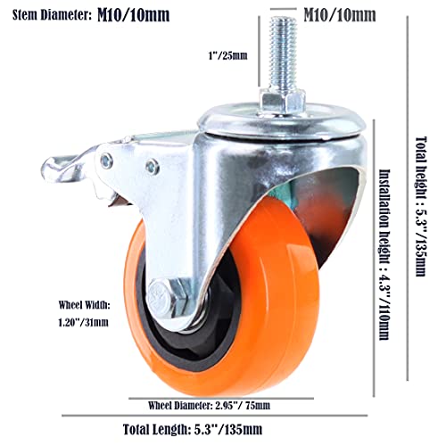 heavy duty stem caster wheels m10-15x25mm dual locking no noise pvc threaded stem caster wheels pack of 4 for workbench dolly furniture 3 inch orange