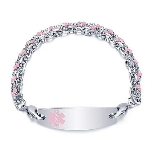 Personalized Medical Alert Bracelets for Women, Free Engraving Medical ID Bracelet with 3 Layer Stainless Steel Chain, Custom Medical Alert Bracelet (5.5-8.5 Inches Options)