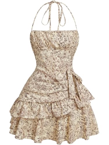 Image of Narecte Summer Dresses for Women,Tie Halter Mini Dress,Floral Print Short Dress,Ruffle Trim Casual Dresses