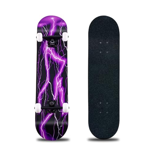 Skateboard complet de 78,7 x 20,3 cm, plateau en bois d'érable à 8 couches, double kick, planche à roulettes standard pour enfants, adolescents, adultes, débutants (Violet)