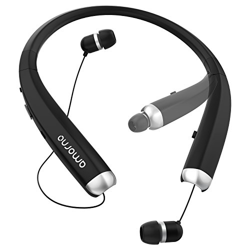 Foldable Bluetooth Headphones, AMORNO Wireless Neckband Sports Headset with Retractable Earbuds, Sweatproof Noise Cancelling Stereo Earphones with Mic for iphone, Android and Bluetooth Enables Devices
