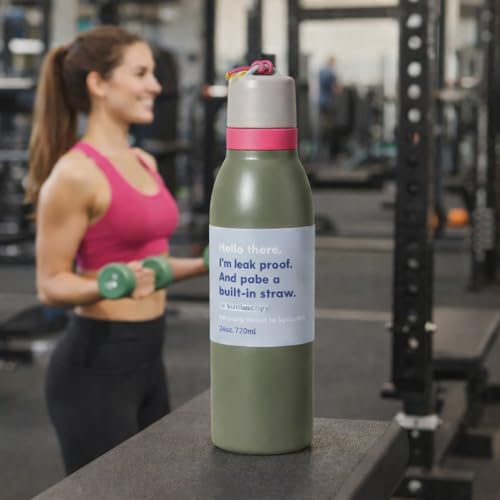 Image of LHOTSE Water Bottle for Office Use - Leak Proof Stainless Steel Bottle with Built-In Straw, 24oz (720ml), BPA Free, Easy Carry Loop, Durable for Daily Hydration (Avacado, 720 ML)