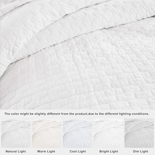 Image of palassio White 100% Cotton Quilt Queen Size Bedding Sets with 2 Pillow Shams, Textured Lightweight Soft Bedspread Shabby Chic Coverlet, Quilted Comforter Bed Cover for All Season, 3 Pieces
