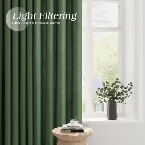 Image of Extra Long Olive Green Linen Curtains 102 Inches Length for Living Room 2 Panels Set Grommet Top Sunlight Filtering Semi Sheer Curtain Linen Blend Soft Drapery for Dining Room Windows 52x102