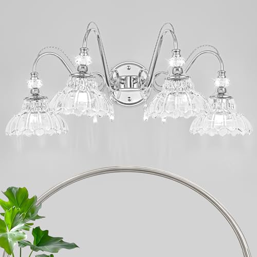 Image of Brushed Chrome Bathroom Vanity Light, 4-Light Chrome Finish Wall Sconce with Hanging Crystal Accents and Flower-Shaped Clear Glass Shades, Modern Wall Mount Vanity Light Over Mirror for Bathroom