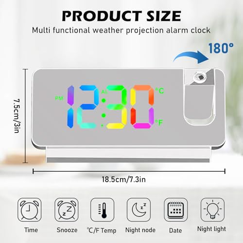 BYZESTY Wecker Digital mit Projektion, Projektionswecker 180 °, Digitaler Wecker mit Temperatur, Datum, 12/24HR, USB Aufladbarer, Projektionsuhr für Schlafzimmer (weiß)