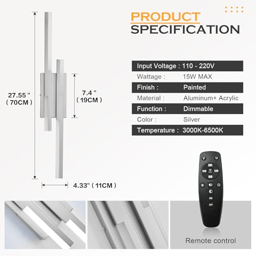 Image of Benkut Modern LED Wall Sconce Silver Remote Wall Light Fixtures for Bathroom, Dimmable Vanity Light Indoor LED Remote Wall Sconce for Bedside Bedroom Living Dining Room (27.6inch 3000-6500K 1 Pack)
