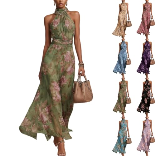 Womens Fall Boho Dresses Halter Flowy Floral Wedding Guest Maxi Dress Green - image 1