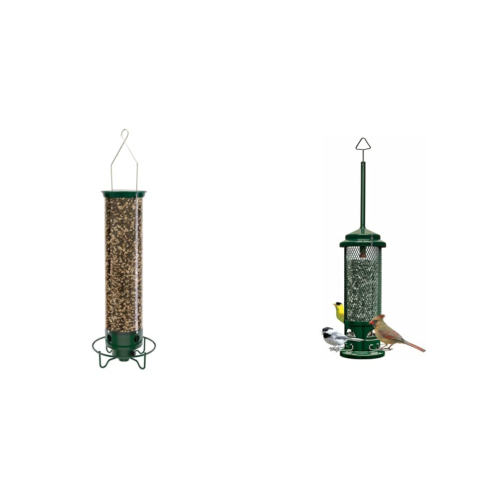 Droll Yankees YF-M Yankee Flipper Squirrel-Proof Bird Feeder, 17.25", Green & Squirrel Buster Legacy Squirrel-Proof Bird Feeder w/4 Metal Perches, 2.6-Pound Seed Capacity